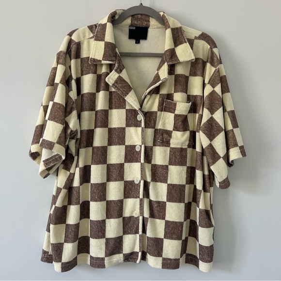 ONA Cream Brown Checkered Terry Oversized Button Down Short Sleeve Top M - Picture 3 of 10